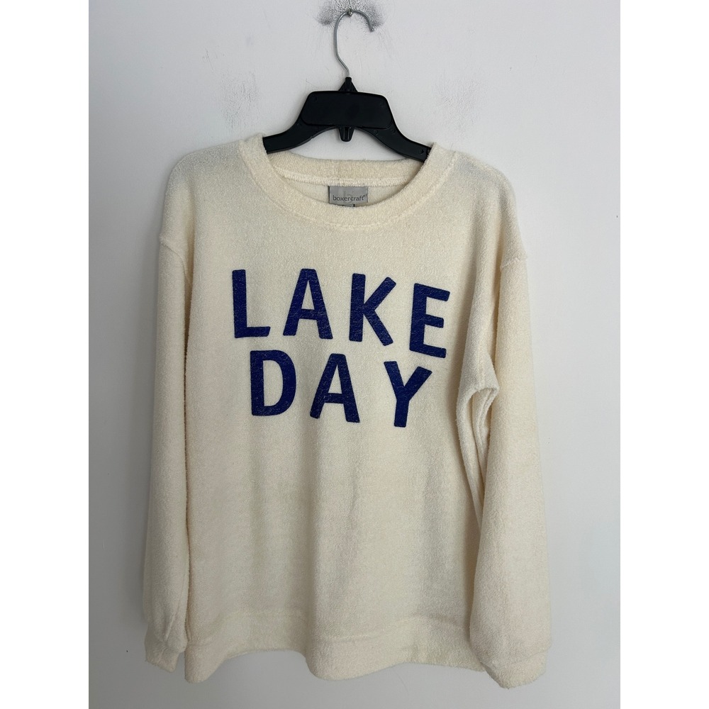 Boxercraft Lake Day Sweatshirt Womens Medium Cozy Cream Blue Boucle Pullover Top